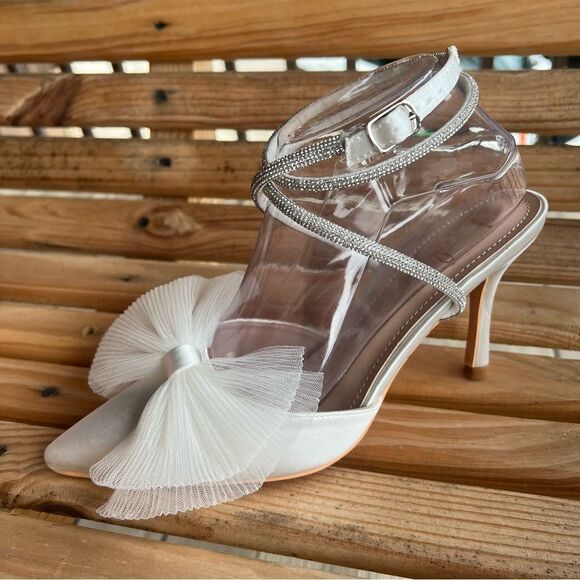 Lulus Lelanee White Satin Rhinestone Bow Ankle Strap Pumps - Picture 6 of 16
